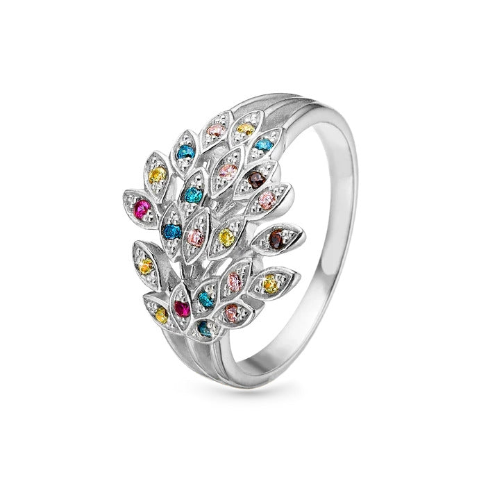Peacock ring i sølv fra Christina Jewelry & Watches med farverige zirkonia og påfuglefjer-design.